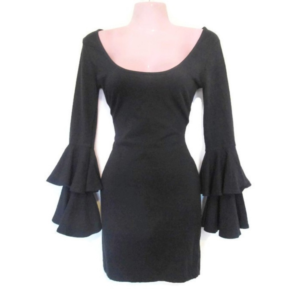 1990 vintage black bell sleeve dress size xs small - Picture 3 of 6